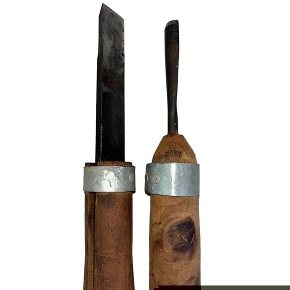 2 Antique Primitive Woodworking Wood Lathe Chisel Tools 12" & 16" User or Decor - Picture 5 of 9